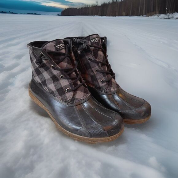 Sperry Duck Boots Womens‎ 7 Syren Gulf Buffalo Check Black Gray Winter Rain Snow - Picture 1 of 13